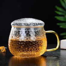 廠家批發加厚錘目紋玻璃杯辦公室茶杯過濾耐高溫茶杯帶把家用水杯