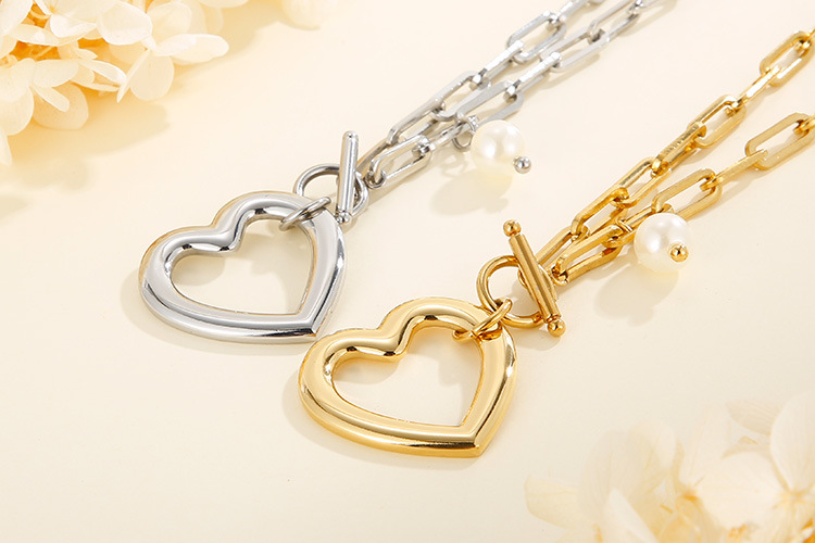 simple stainless steel thick chain heart-shaped bracelet necklace set square chain OT buckle jewelry