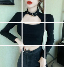 挂脖上衣女性感紧身短款长袖t恤修身打底衫潮8084方领日扣长袖T