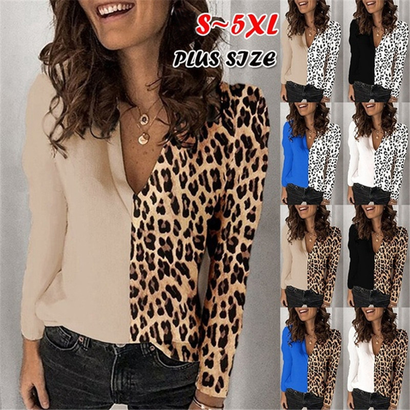 Leopard Printed Stitching V-Neck Long-Sleeved T-Shirt NSYHY106856