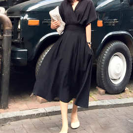 韩国东大门女装 chic夏季收腰V领潮流气质高腰线连衣裙女外贸出口