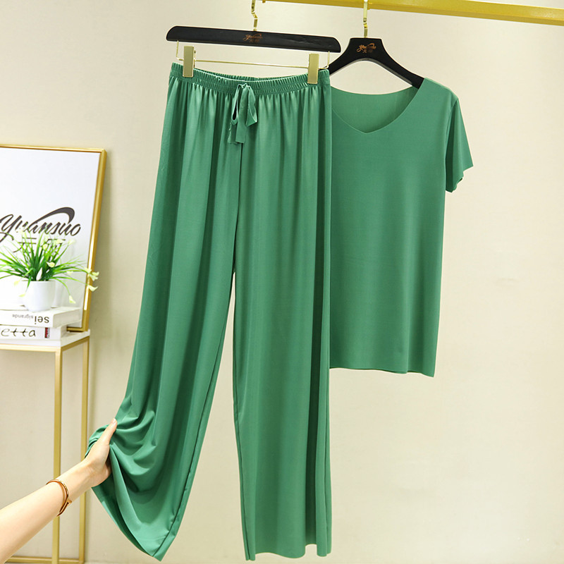 Ice Silk Short-sleeved T-shirt Two-piece Women's Summer New V-neck Thin And Thin Top Drape Casual Loose Wide-leg Pants