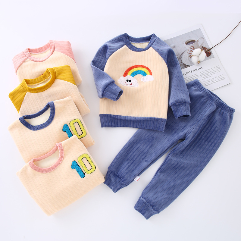 秋冬新款儿童加绒加厚保暖内衣套装男女宝宝双面绒两件套中小童