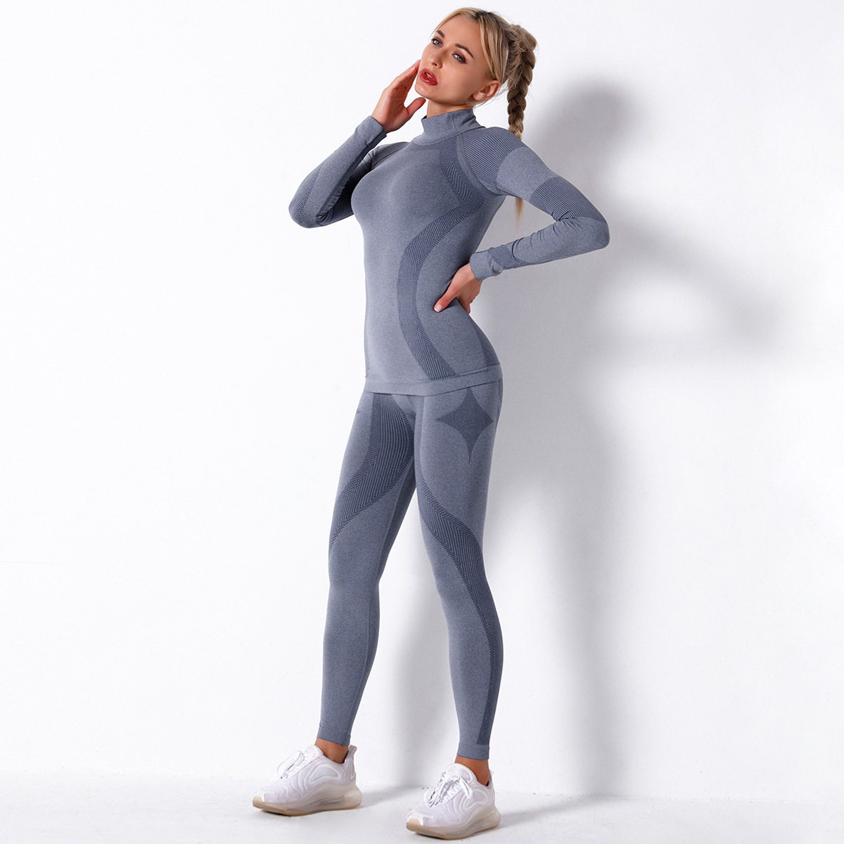 seamless knitted striped sports yoga long-sleeved two-piece suit  NSLX9020