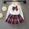 Girls’ suit Korean solid color shirt + Plaid pleated skirt two piece set