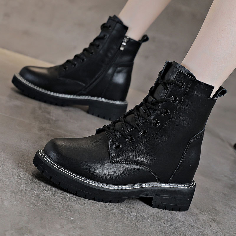 2021 autumn leather Martin boots female increasing tape casual female boots thick bottom side zipper student boots