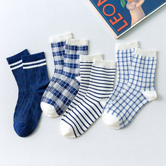 Women's Summer Combed Cotton Striped Socks in Blue Gingham Pattern, New and Freshly Styled, Versatile and Cute, Japanese Style