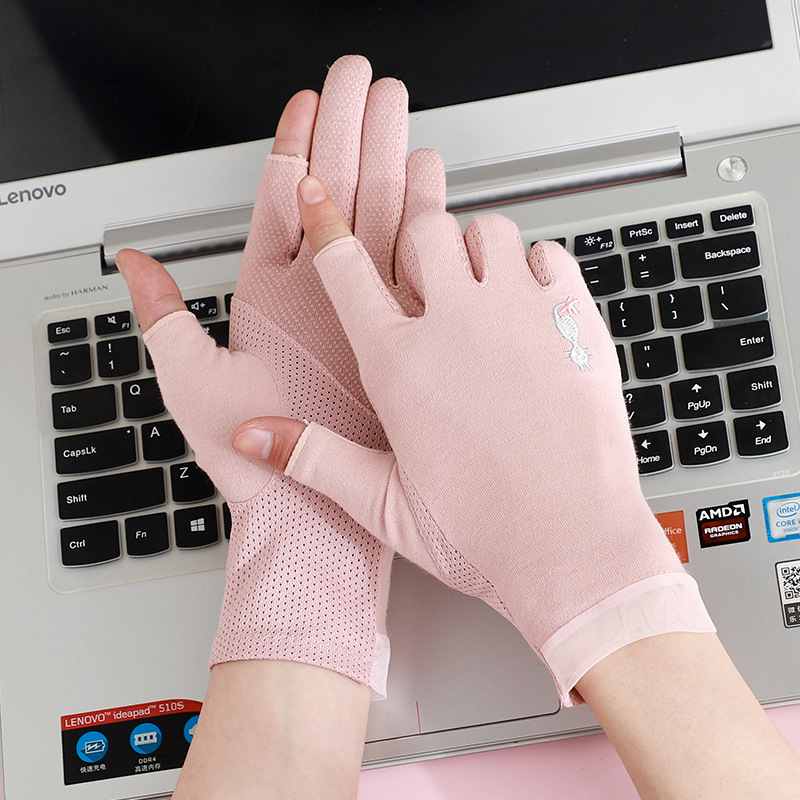 薄款防晒手套大指食指露指防紫外线纯棉手套手心点胶防滑开车手套