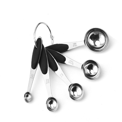 Set of 10 stainless steel measuring cups and spoons, including black silicone measuring cups, baking tools