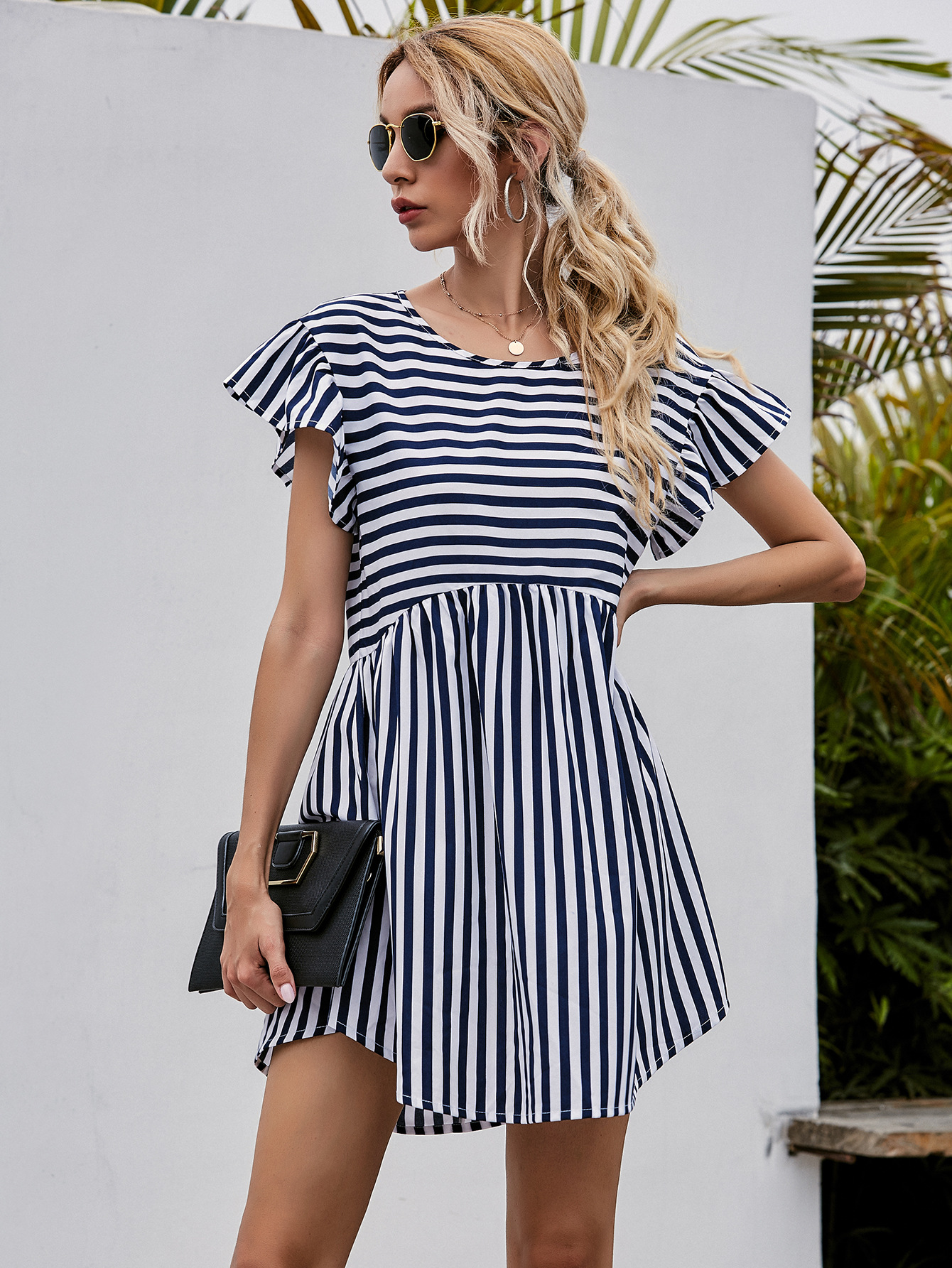 lotus leaf sleeve round neck striped dress  NSGHY46516