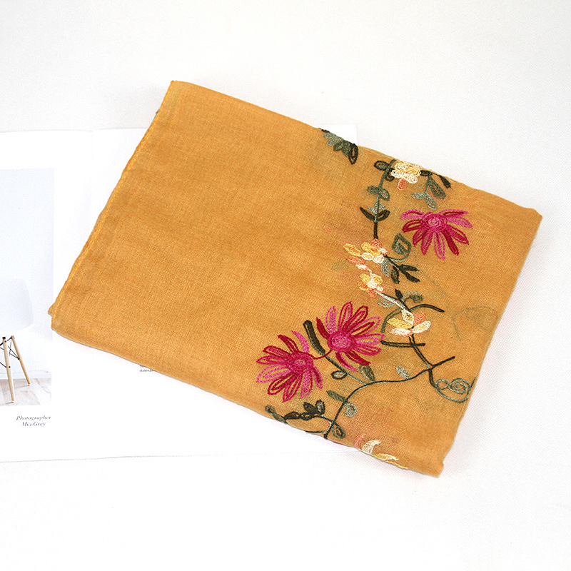 Bohemio bordado de algodón y lino de La Flor bufanda de las mujeres de Nepal viajes estilo étnico bordado bufanda chal