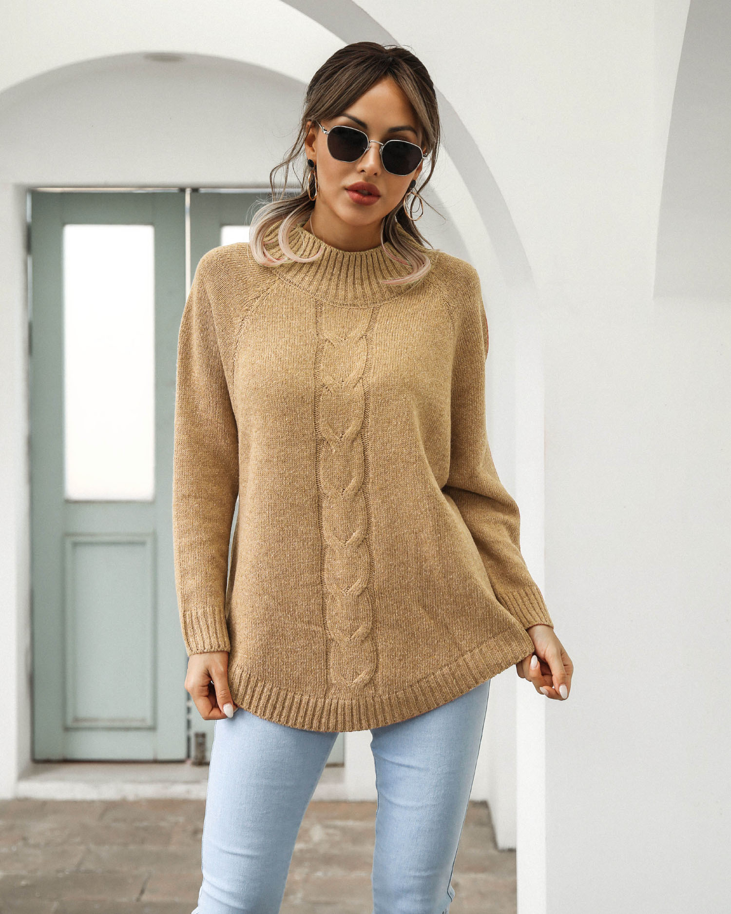 round neck twist knit pullover sweater NSMY15942