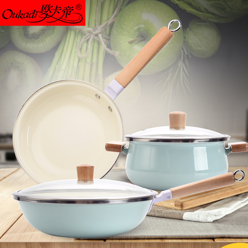 Factory direct wok soup pot enamel set Chinese enamel three-piece gift box packaging wooden handle wholesale enamel pot Factory direct wok soup pot enamel set Chinese enamel three-piece gift box packaging wooden handle wholesale enamel pot