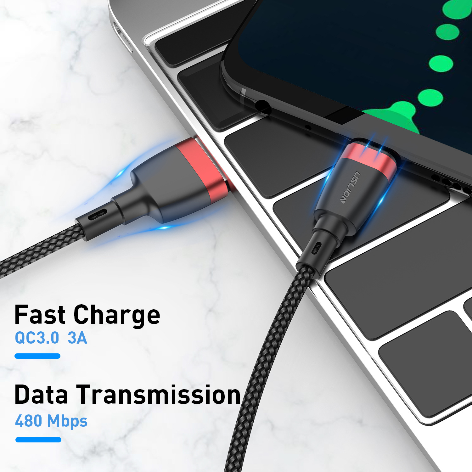 USLION 3 Meters Super Fast Charging Type-C Data Cable 3.0 Flash Charging Mobile Phone Charging Cable Suitable For Huawei Xiaomi
