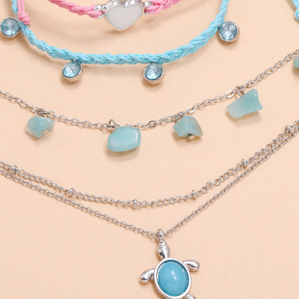 blue pink love tassel anklet 4-piece set