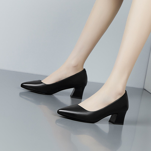 Women's Shoes  Spring High Heels with Thick 3-5 cm Pointed Toe Single Shoes for Women, Light Mouth Thick Heel Women's Professional Single Shoes