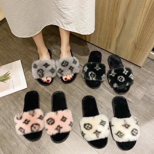 Foreign trade Amazon autumn and winter new large fur flat slippers for women's home non-slip rabbit fur open cotton slippers wholesale