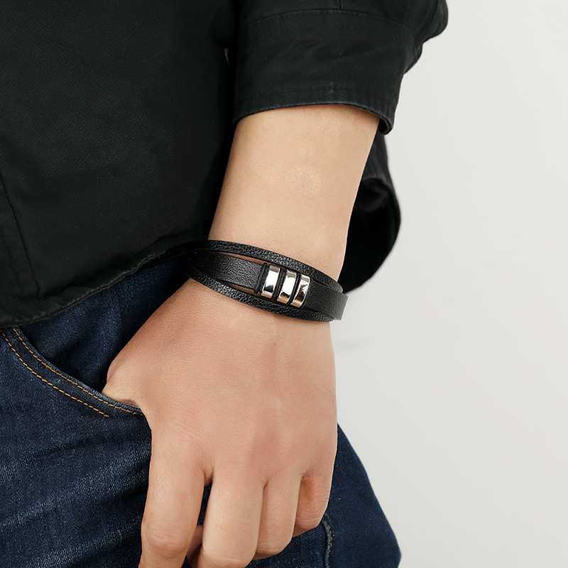 retro black PU stainless steel menu0027s leather bracelet