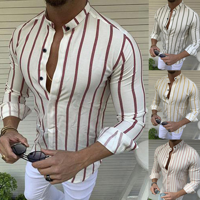Men’s printed stripe vertical collar button cardigan long sleeve shirt man