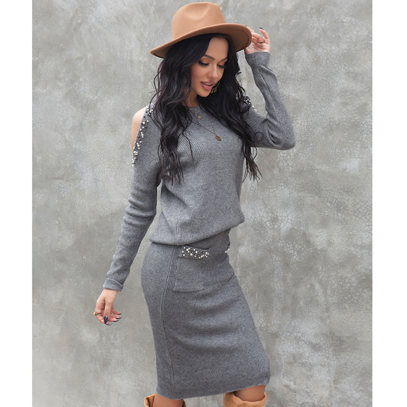 autumn new strapless long-sleeved pullover sweater knitted skirt two-piece suit NSSA26502