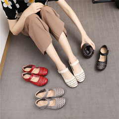 Cowhide Soft-Soled Mom Shoes, Flat Heel, Round Toe, Low-Cut Design with Velcro Closure, Women's Shoes, Plus-Size, Model 2069