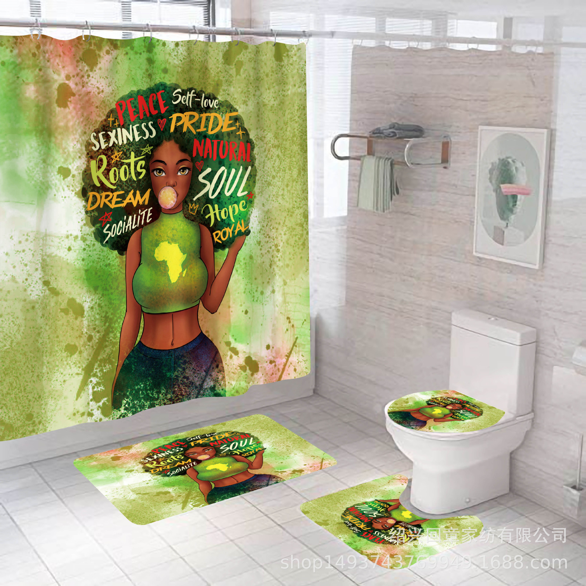 Chica africana de impresión digital Cortina de ducha a prueba de agua de tipo C gancho de plástico de metal ojal ventas directas de fábrica gran cantidad congyo