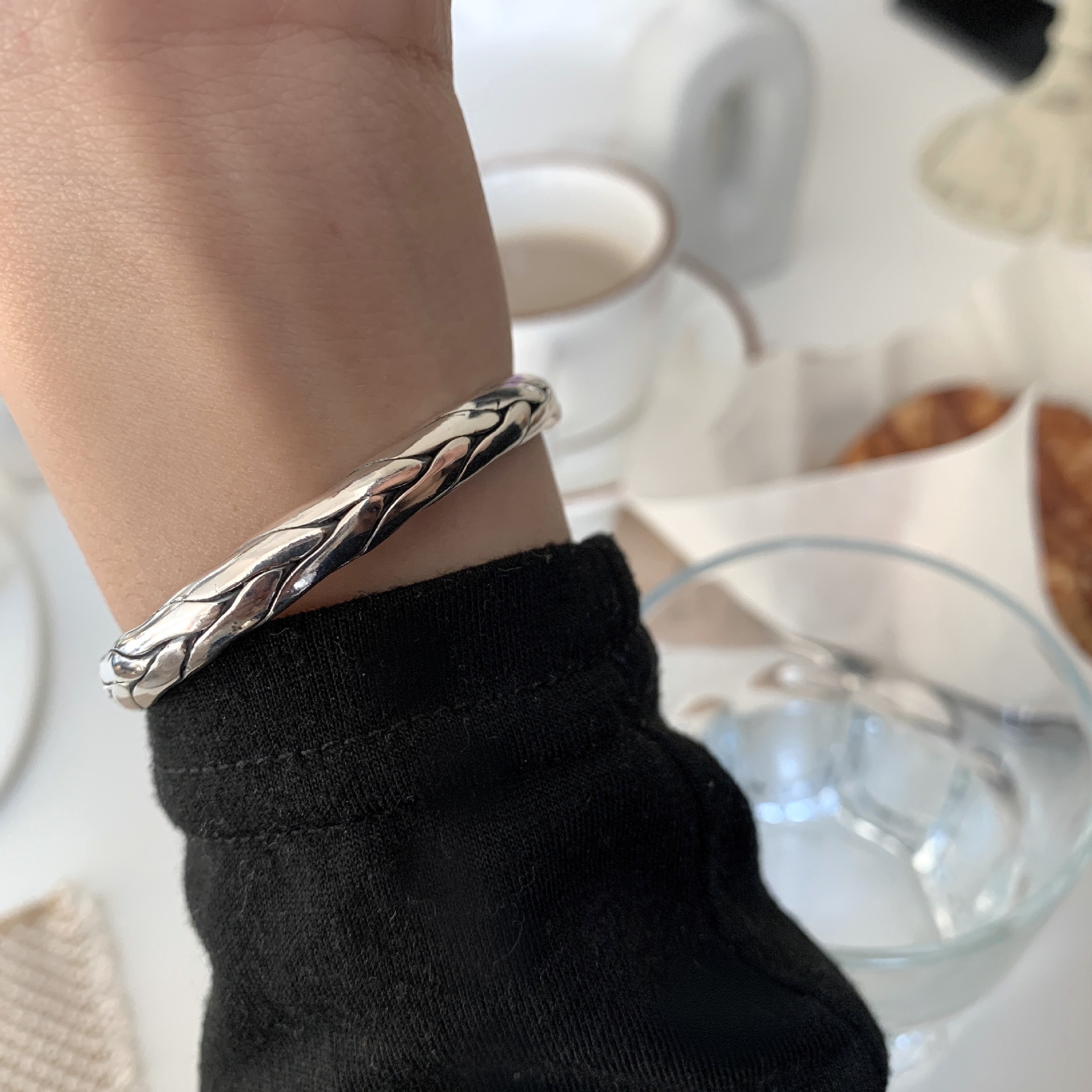 South Korea's Dongdaemun Heavy Industry Made Ins Retro Open Silver Bracelet Female Cold Wind Single-layer Jewelry Bracelet Hong Kong Style
