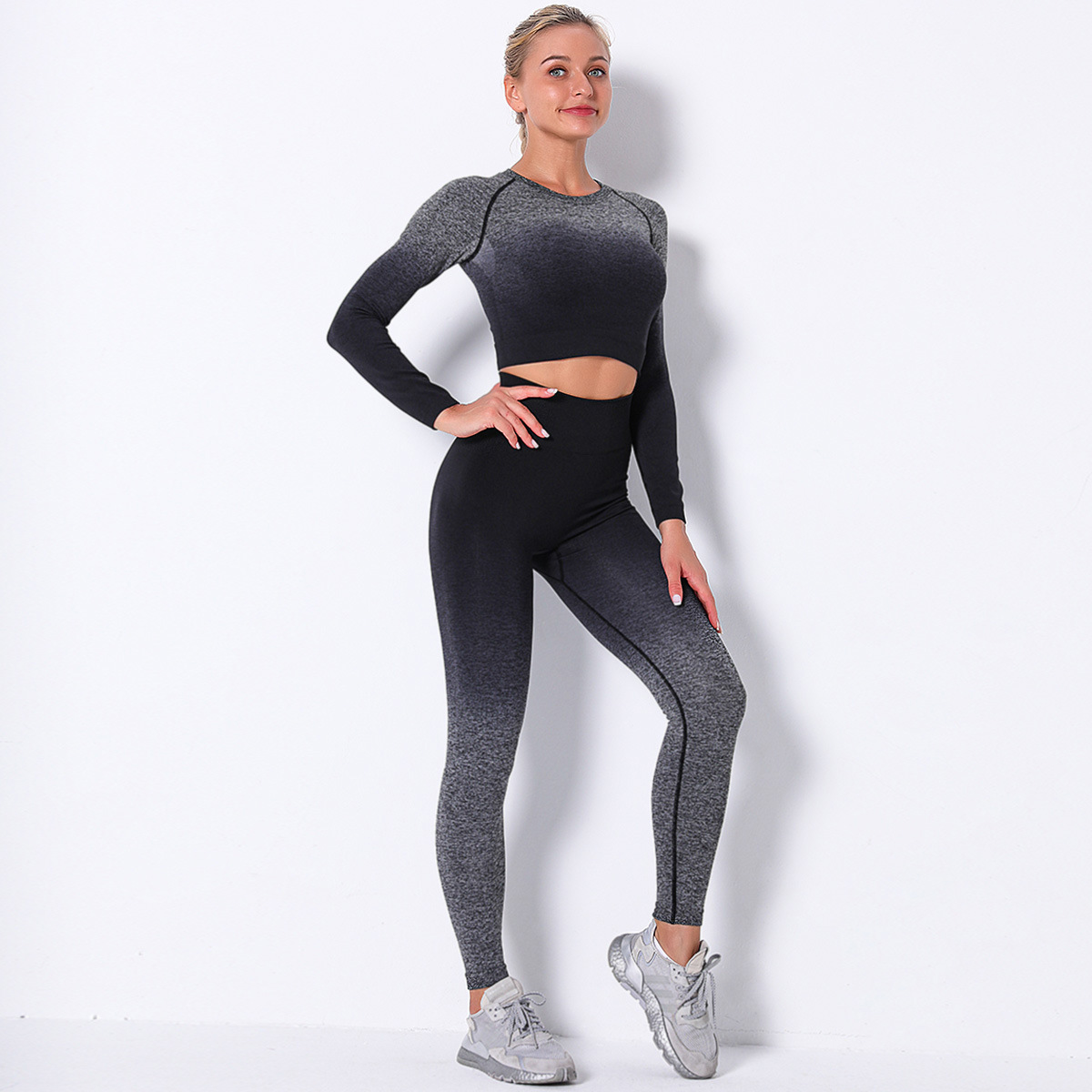 Dyeing Gradient Long-Sleeved Seamless High Waist Tight-Fitting Fitness Suit NSNS10681