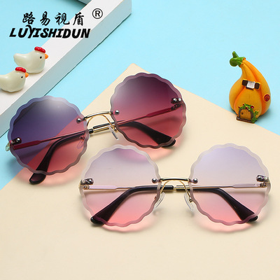 圆形花边儿童太阳镜无框切边2020新款时尚潮流男女童炫彩小孩墨镜