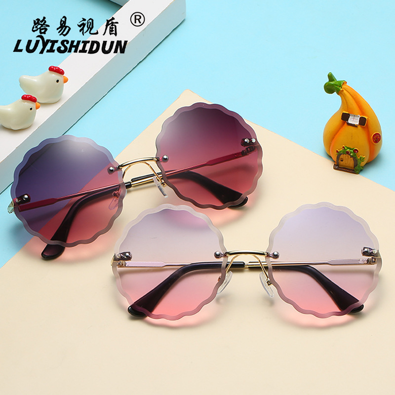 圆形花边儿童太阳镜无框切边2020新款时尚潮流男女童炫彩小孩墨镜