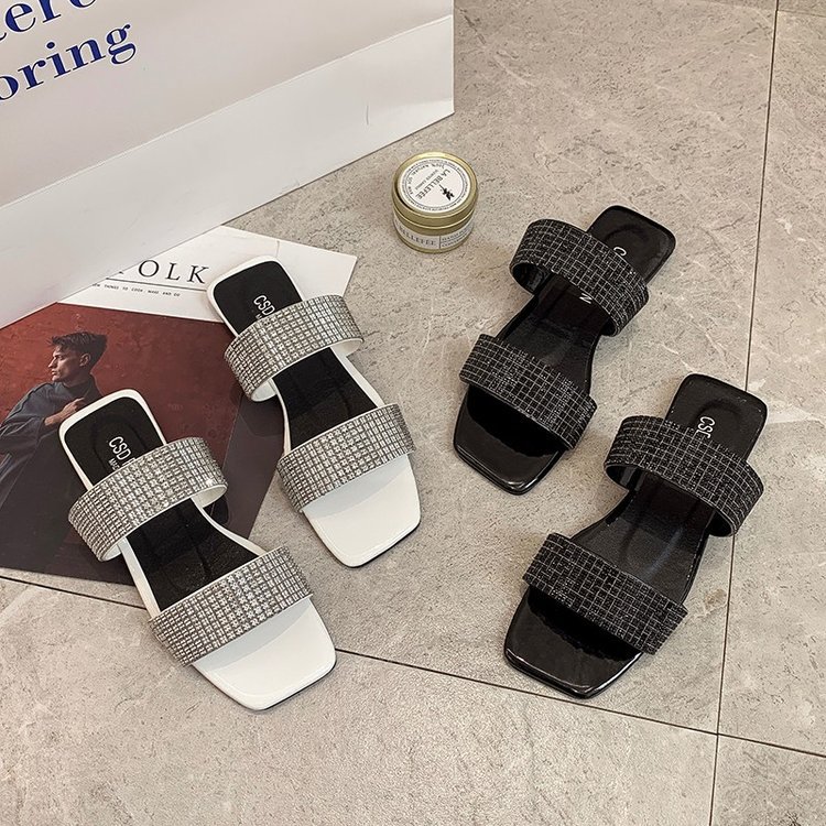 Mop Cool grande taille 35-42, pantoufles de plage à fond plat en diamant pour femmes, nouvelle version coréenne d'été 2024_voghion.com