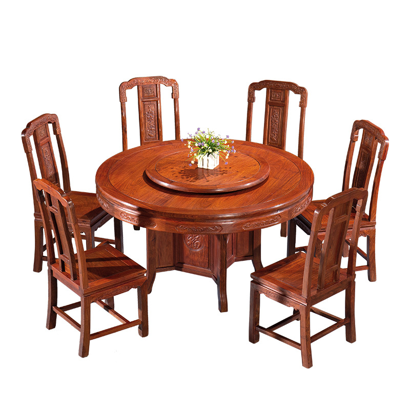 新中式素面餐台带转盘国色天香红木圆形餐桌中式实木餐桌椅组合
