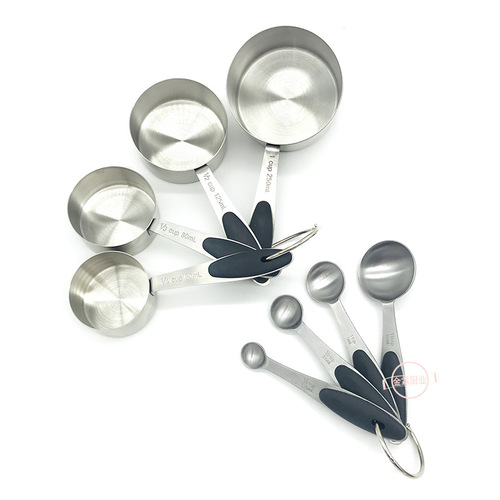 Stainless steel measuring spoon and measuring cup set, silicone handle with scale, 4-piece set, 8-piece measuring spoon set, baking tools