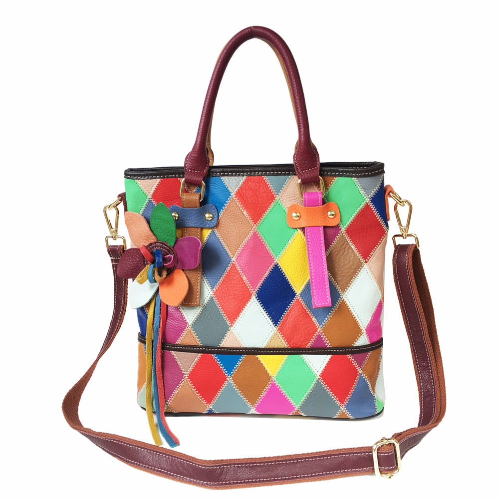 Damen Handtasche Aus Echtleder, Bunte Beuteltasche Mit Muster_voghion.com