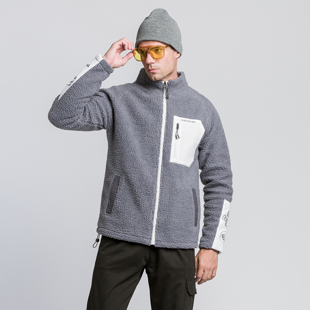 羊羔绒夹克2020冬季新款潮牌个性口袋插肩袖立领羊羔毛开衫卫衣男