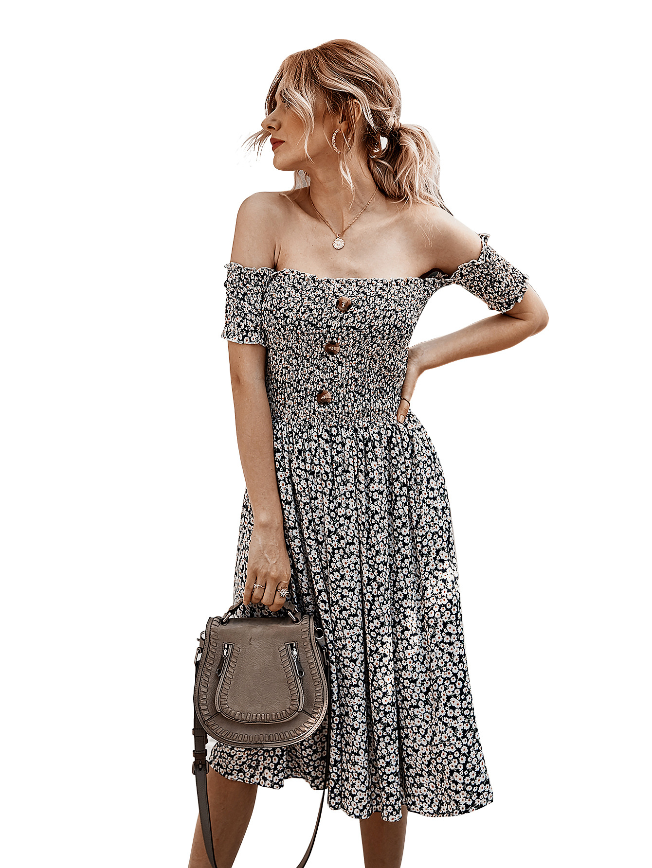 Off-shoulder big swing floral dress  NSDY29157