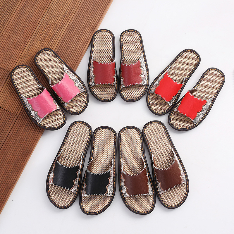 新款時尚居家皮拖鞋女男情侶室內防滑夏季木地板亞麻底洗澡涼拖鞋