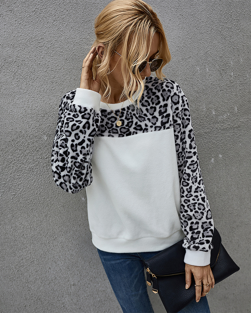 winter fleece sweater sexy leopard print contrast long-sleeved T-shirt  NSKA296