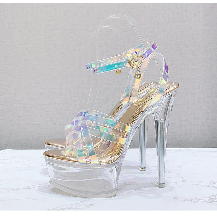 Giày sandal nữ gót nhọn trong suốt pha lê quai chéo mùa hè — Màu bạc, Màu vàng sâm panh chi tiết 30