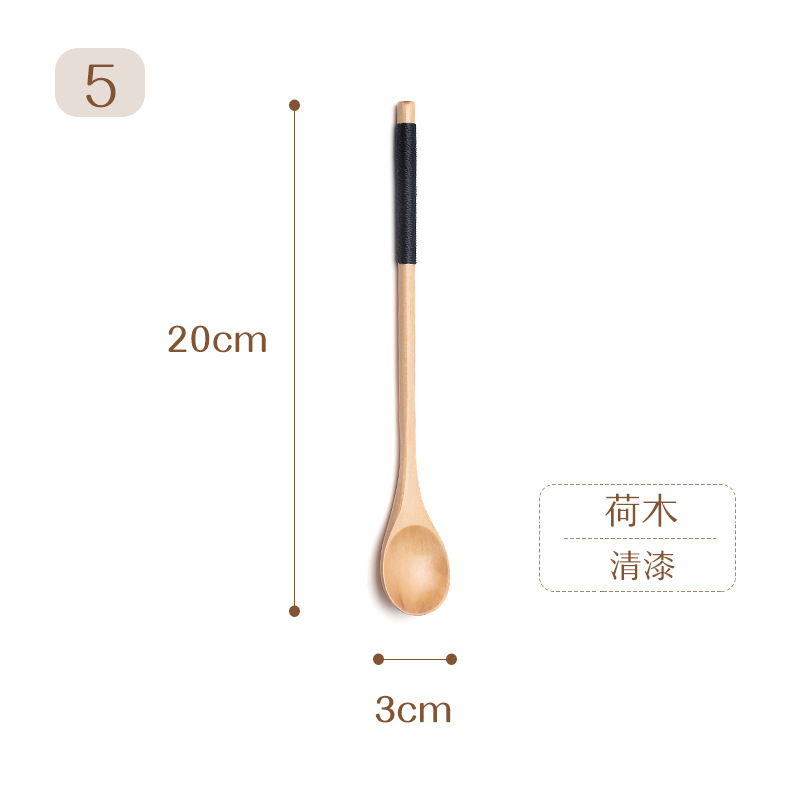 Estilo japonés bobinado mango largo cuchara de madera pintura grande café leche té miel mezcla cuchara vajilla de madera cuchara de sopa imprimible LOGO