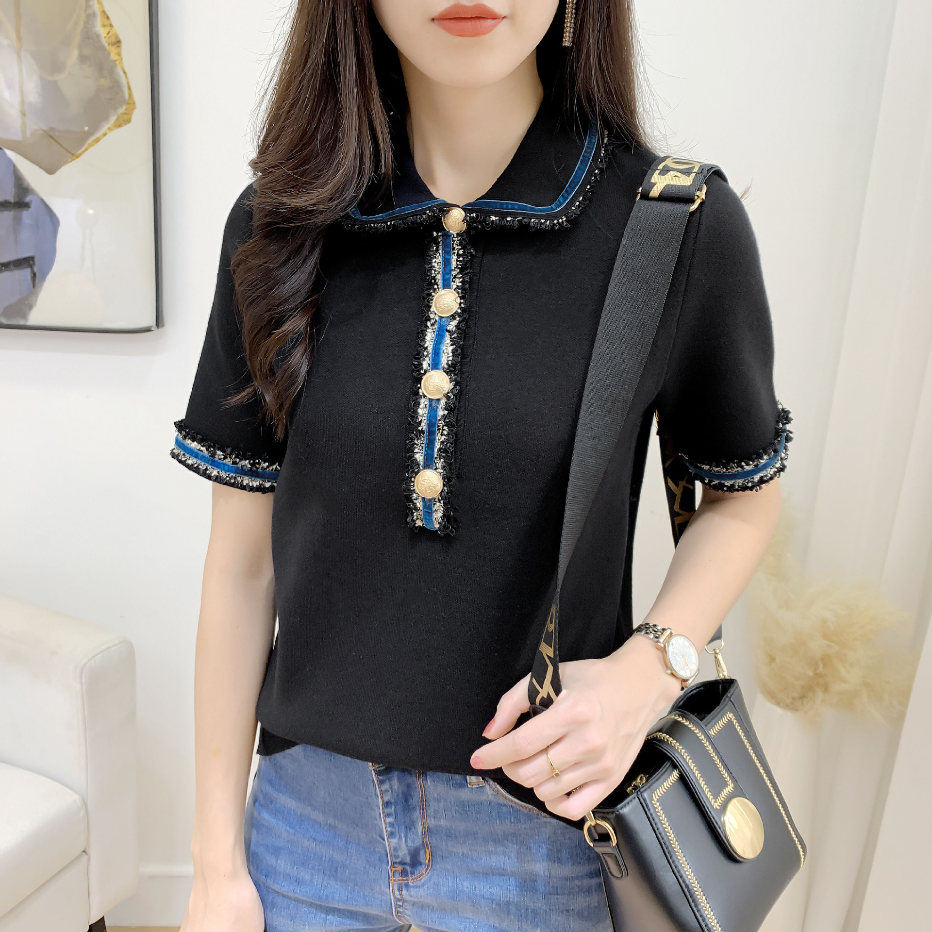 原单复刻法单2020新款秋冬女装修身丝绒短袖上衣