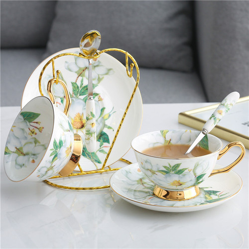 Factory wholesale Korean pastoral style bone china coffee cups and saucers ceramic British afternoon flower tea cups and saucers with spoons cross-border