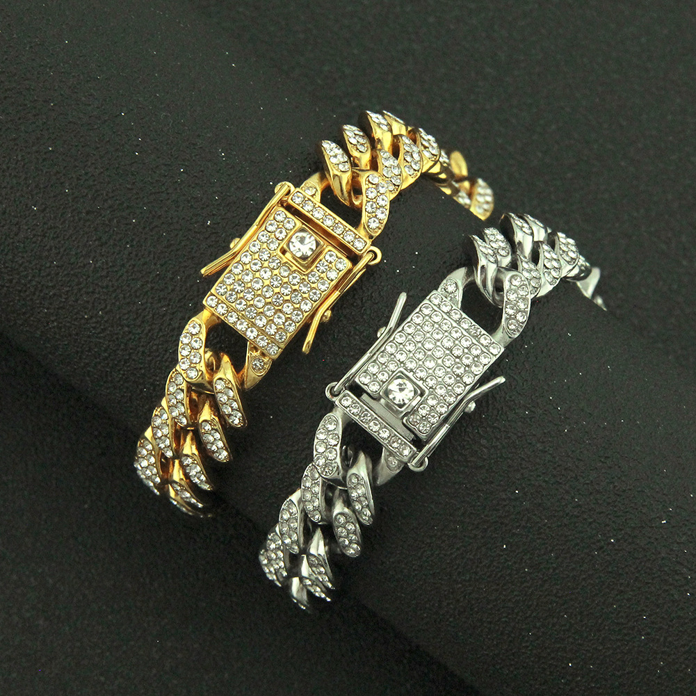 hip hop full diamond Cuban necklace menu0027s golden chain 13mm width necklace bracelet