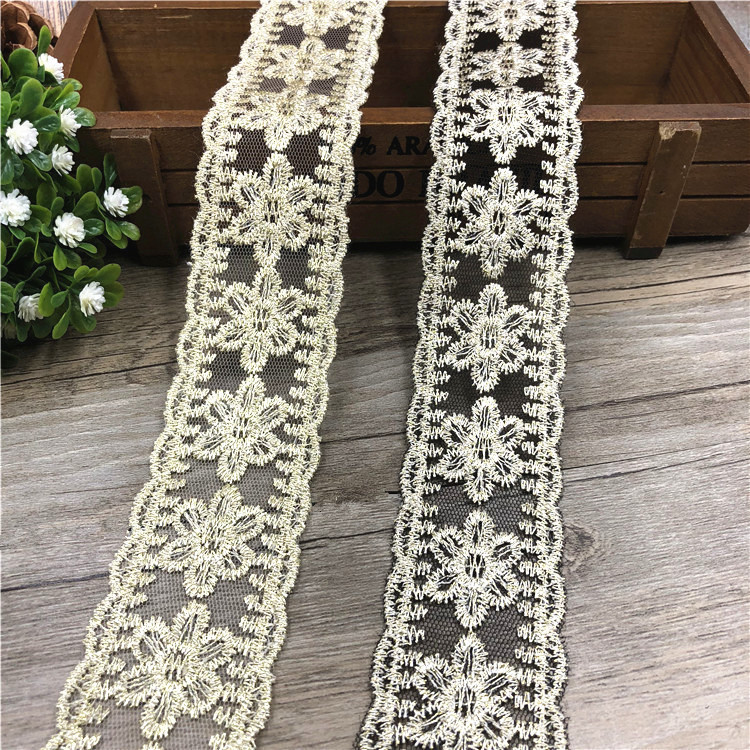 4CM宽黑白网纱金丝线刺绣花朵蕾丝花边diy蝴蝶结发夹头饰配件现货