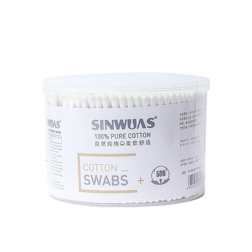 Large bucket of family pack of 500 cotton swabs, round box of disposable cotton swabs, double-ended ear-picking cotton swabs
