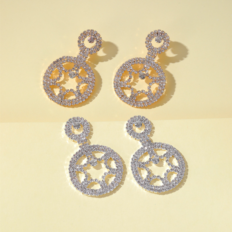 New Fashion Exaggerated Full Diamond Round Earrings Geometric Hollow Earrings Wholesale display picture 3