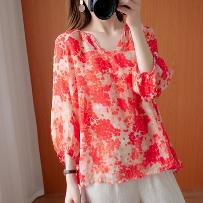 夏季新款文艺百搭宽松休闲V领大码女装上衣印花时尚胖MM2020T恤衫