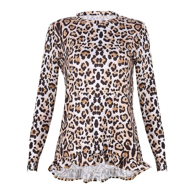 leopard print long-sleeved round neck top T-shirt NSZH18625