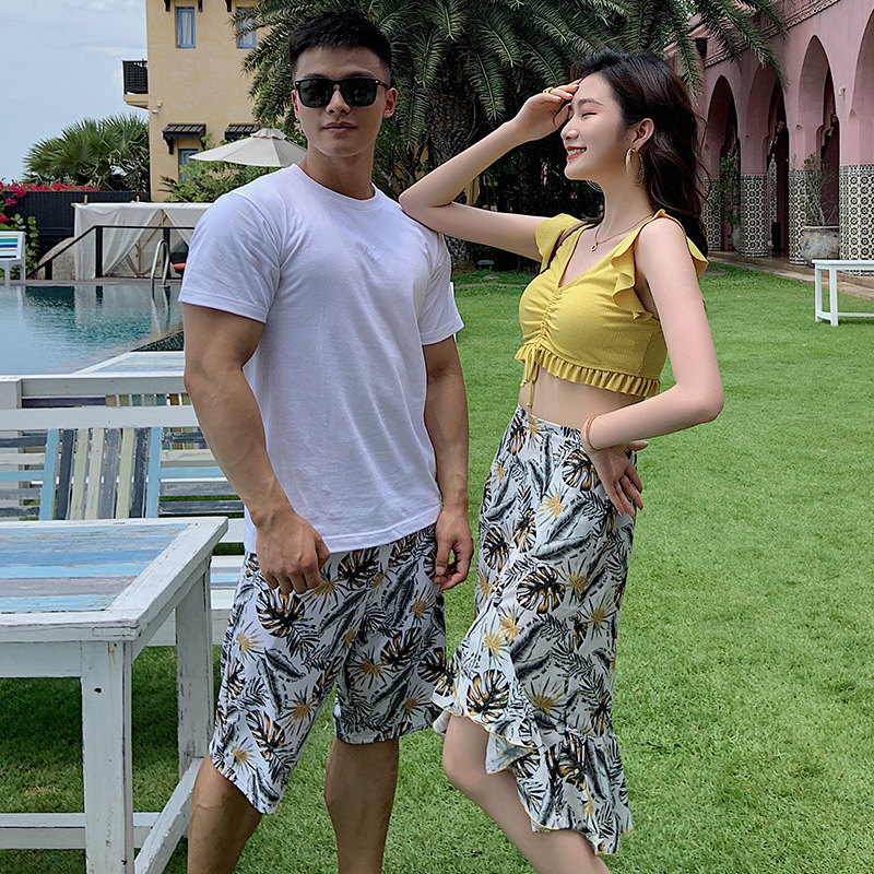 커플 수영복 패션 보헤미안 스타일 슬림 스플릿 비키니 쓰리피스 수영복 여성용 남성용 비치 팬츠