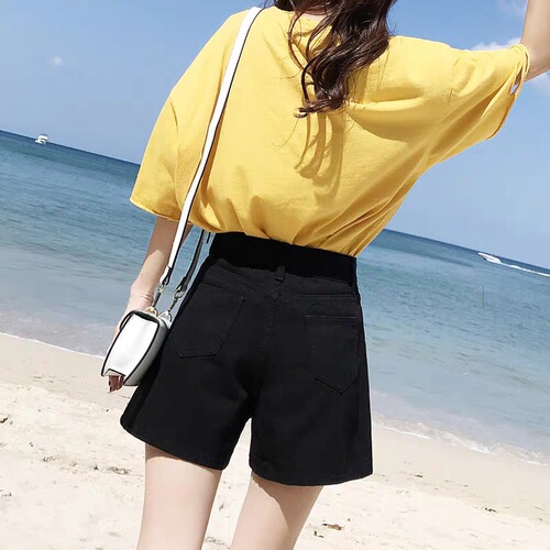 Pink denim shorts for women, summer high-waisted A-line loose wide-leg apricot-colored slimming hot pants